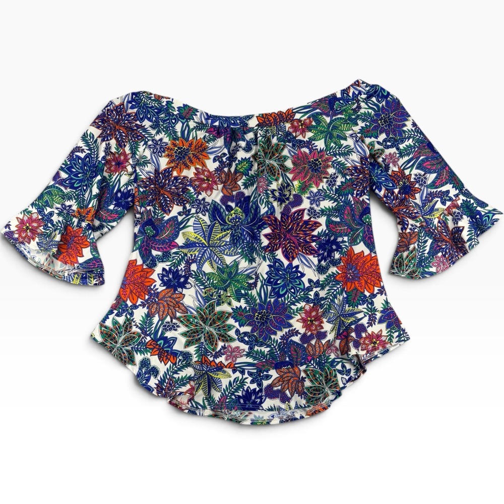 Jude Connally Off Shoulder Top Women XS Dopamine Statement Floal Bell Sleeve